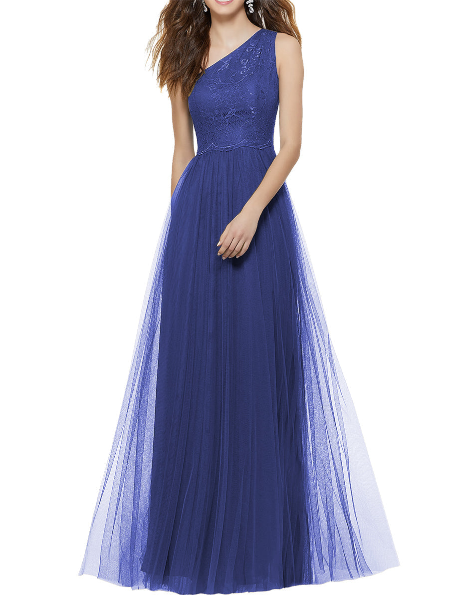 Lace Column One Shoulder Sleeveless Bridesmaid Dress-MB53641
