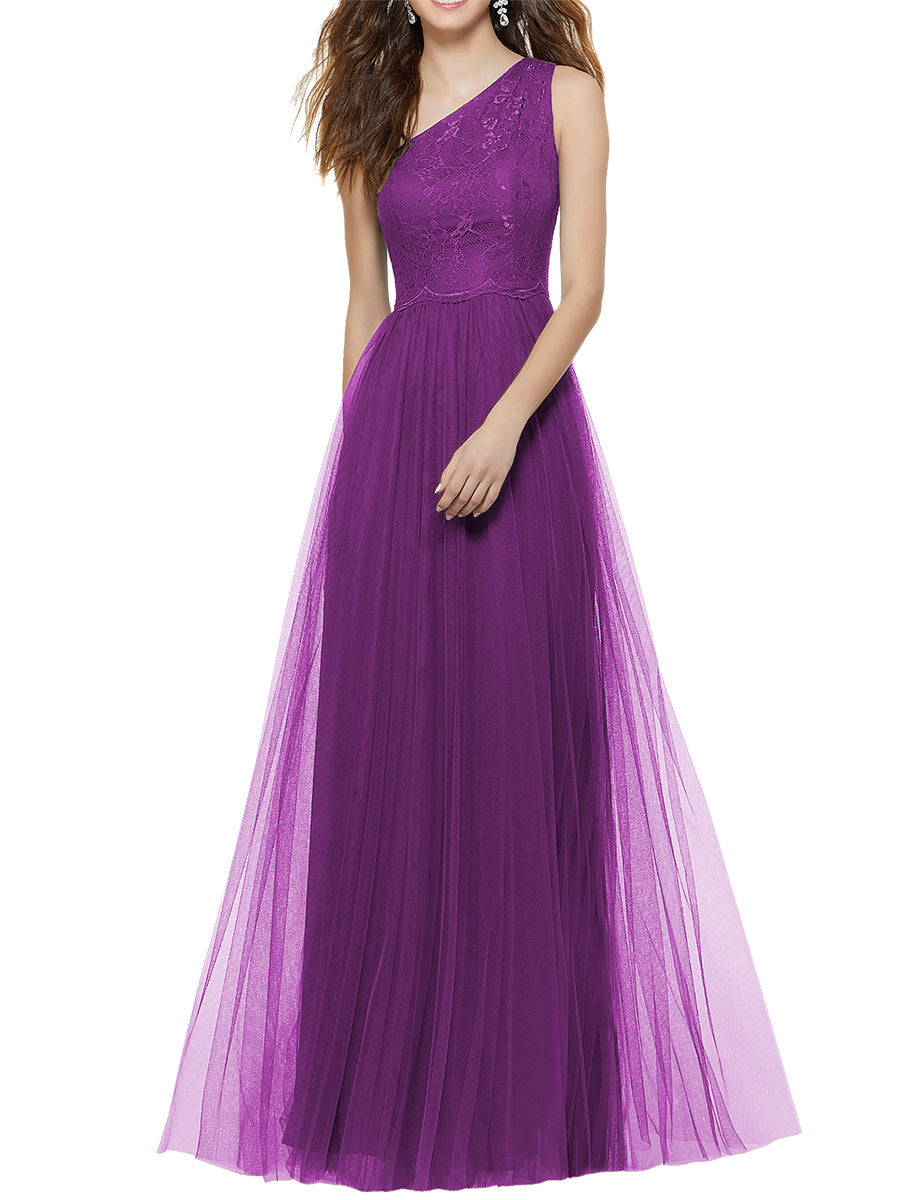 Lace Column One Shoulder Sleeveless Bridesmaid Dress-MB53641