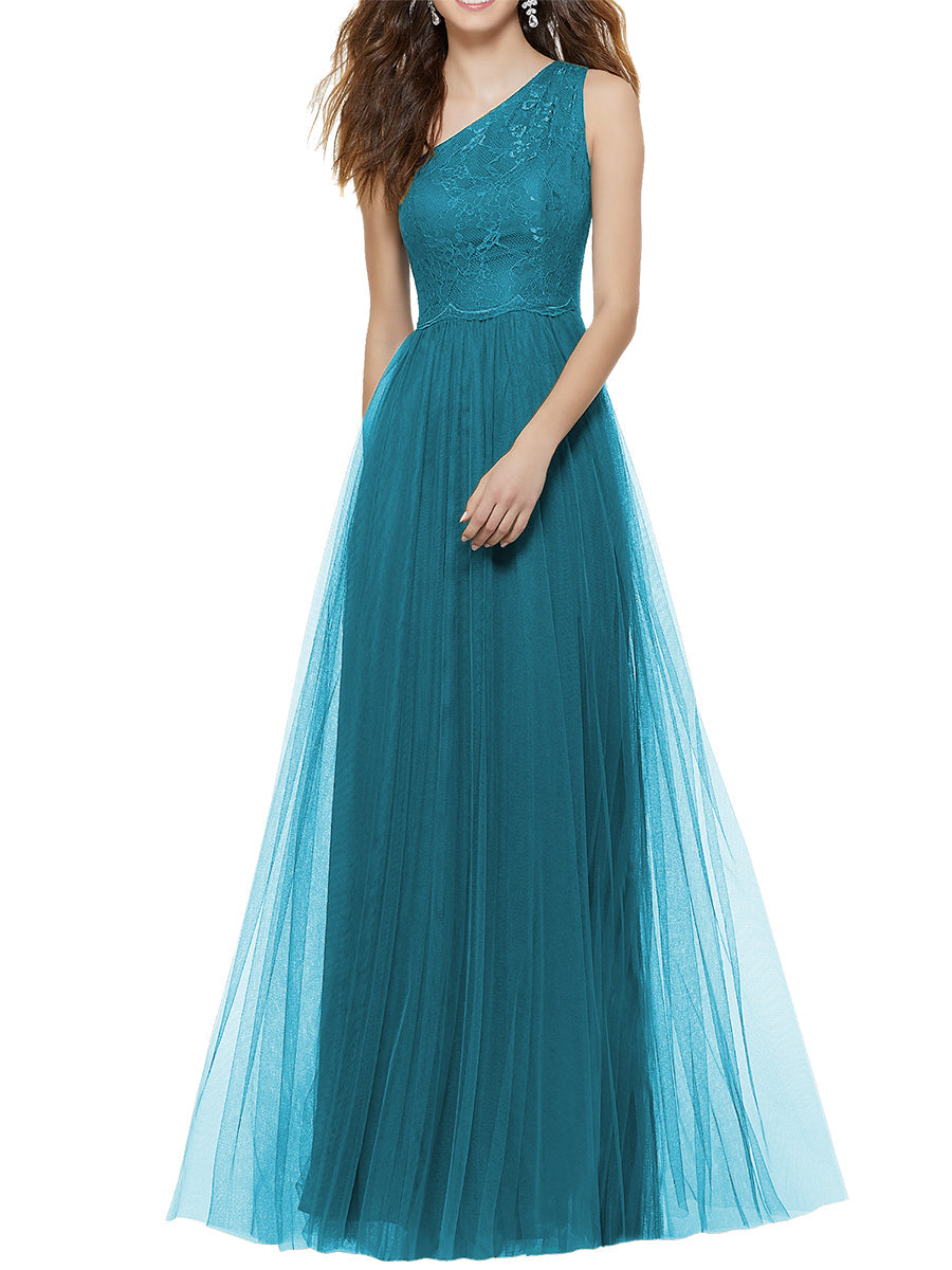 Lace Column One Shoulder Sleeveless Bridesmaid Dress-MB53641