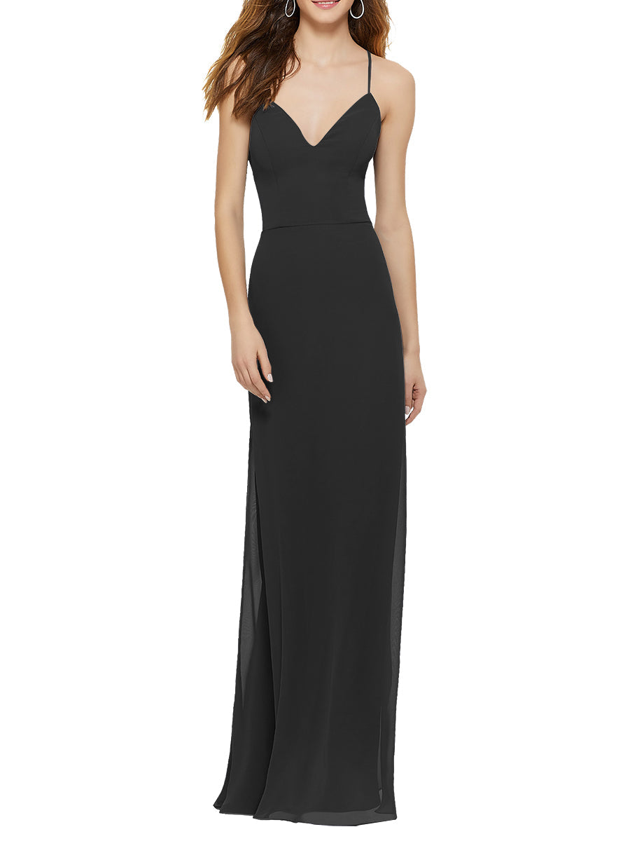 Chiffon Column V-Neck Sleeveless Bridesmaid Dress-MB53643