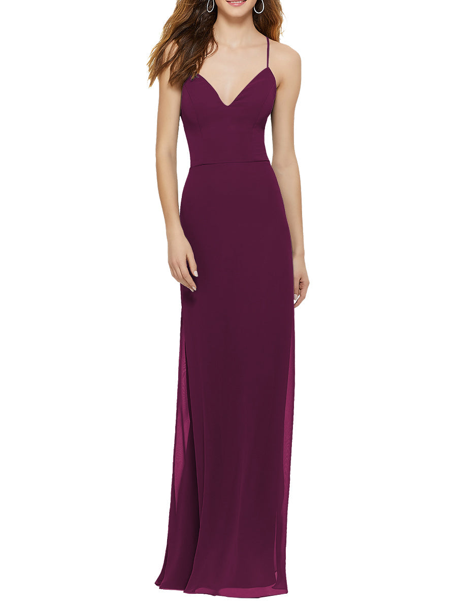 Chiffon Column V-Neck Sleeveless Bridesmaid Dress-MB53643