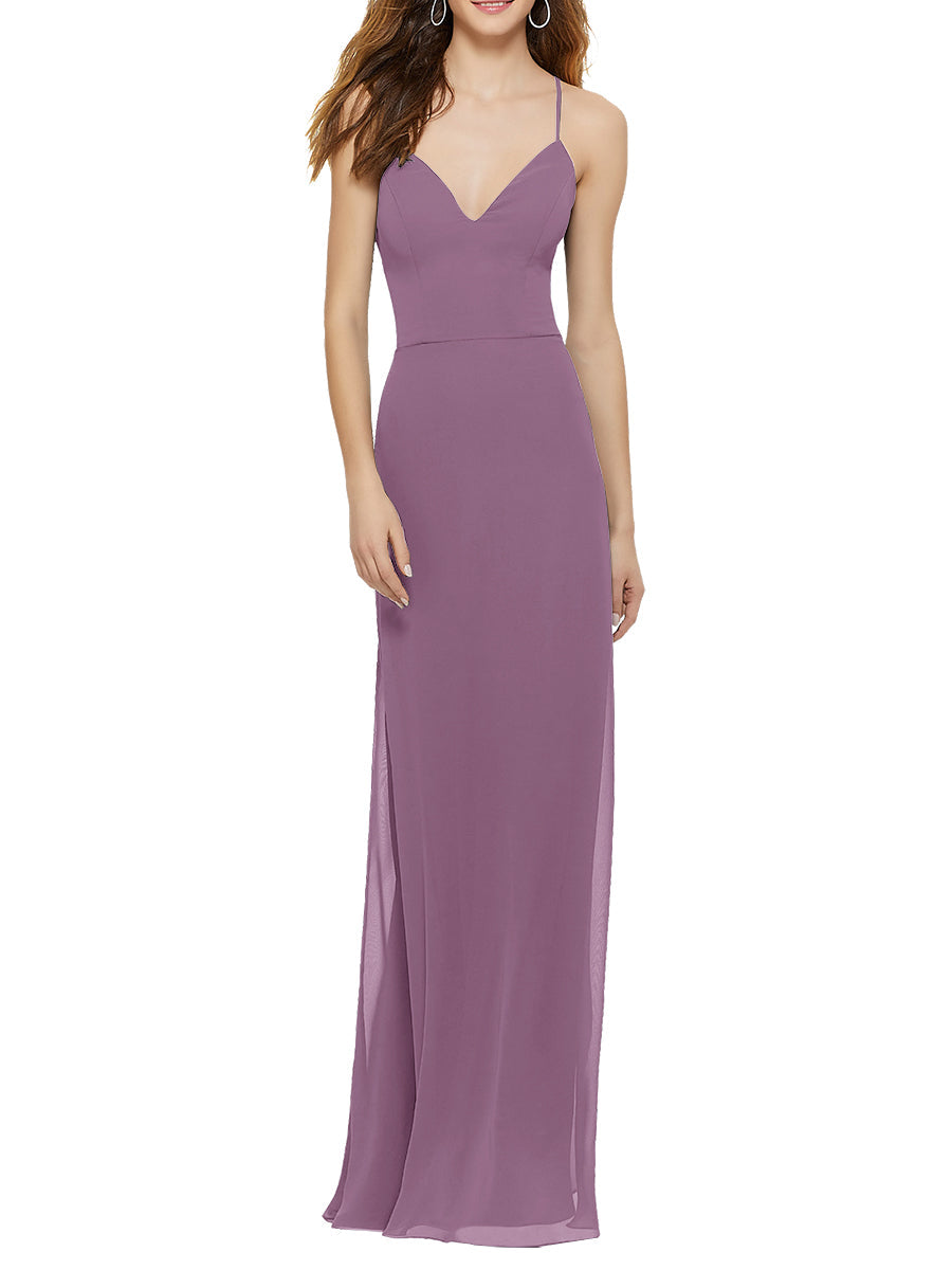 Chiffon Column V-Neck Sleeveless Bridesmaid Dress-MB53643