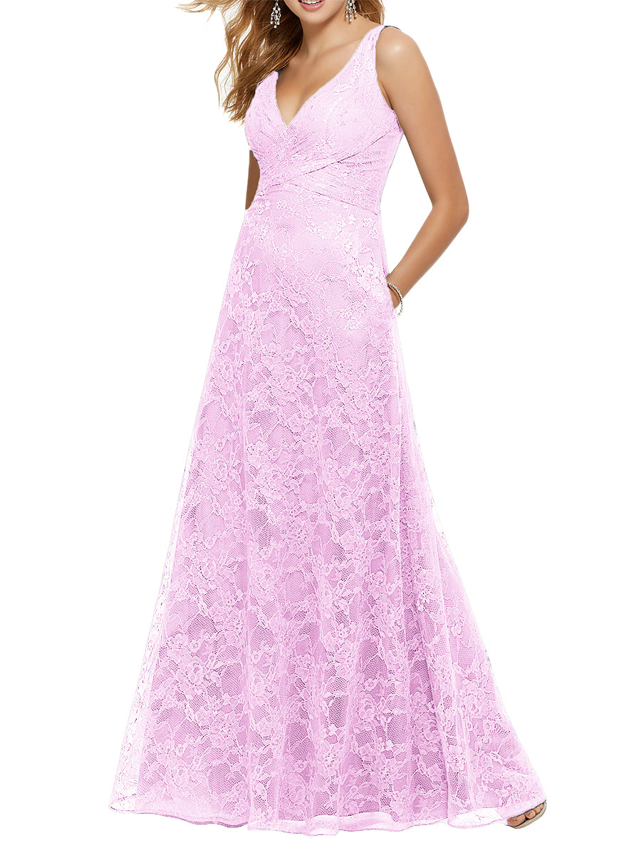 Lace Column V-Neck Sleeveless Bridesmaid Dress-MB53644