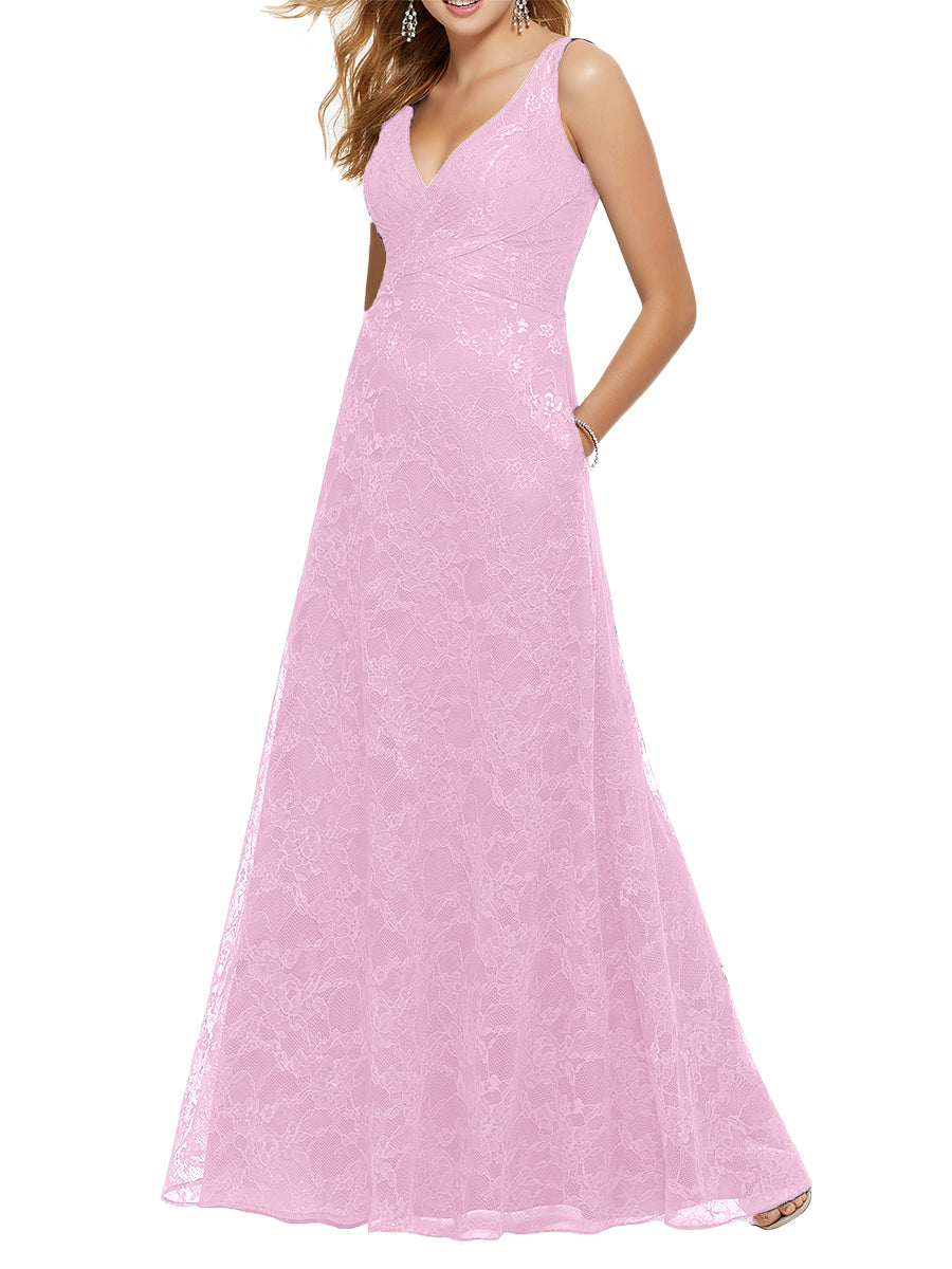 Lace Column V-Neck Sleeveless Bridesmaid Dress-MB53644