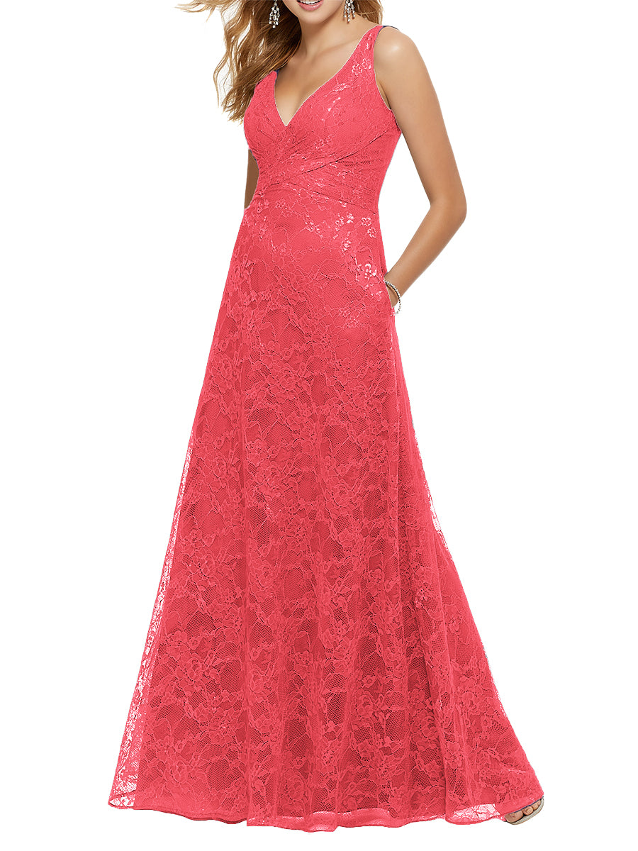 Lace Column V-Neck Sleeveless Bridesmaid Dress-MB53644