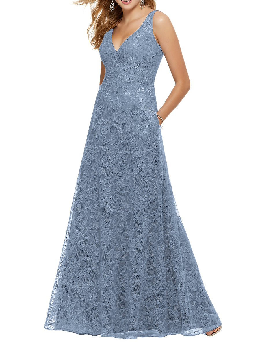 Lace Column V-Neck Sleeveless Bridesmaid Dress-MB53644