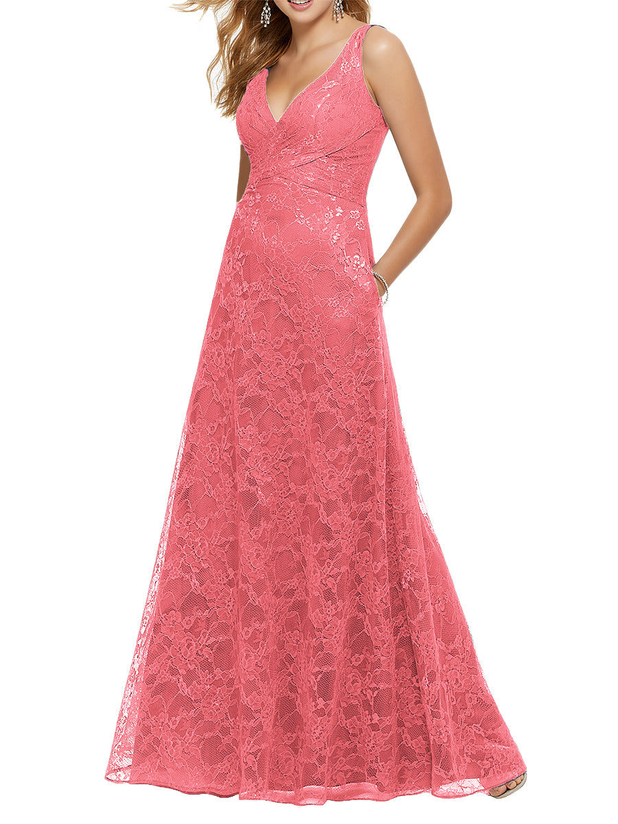 Lace Column V-Neck Sleeveless Bridesmaid Dress-MB53644