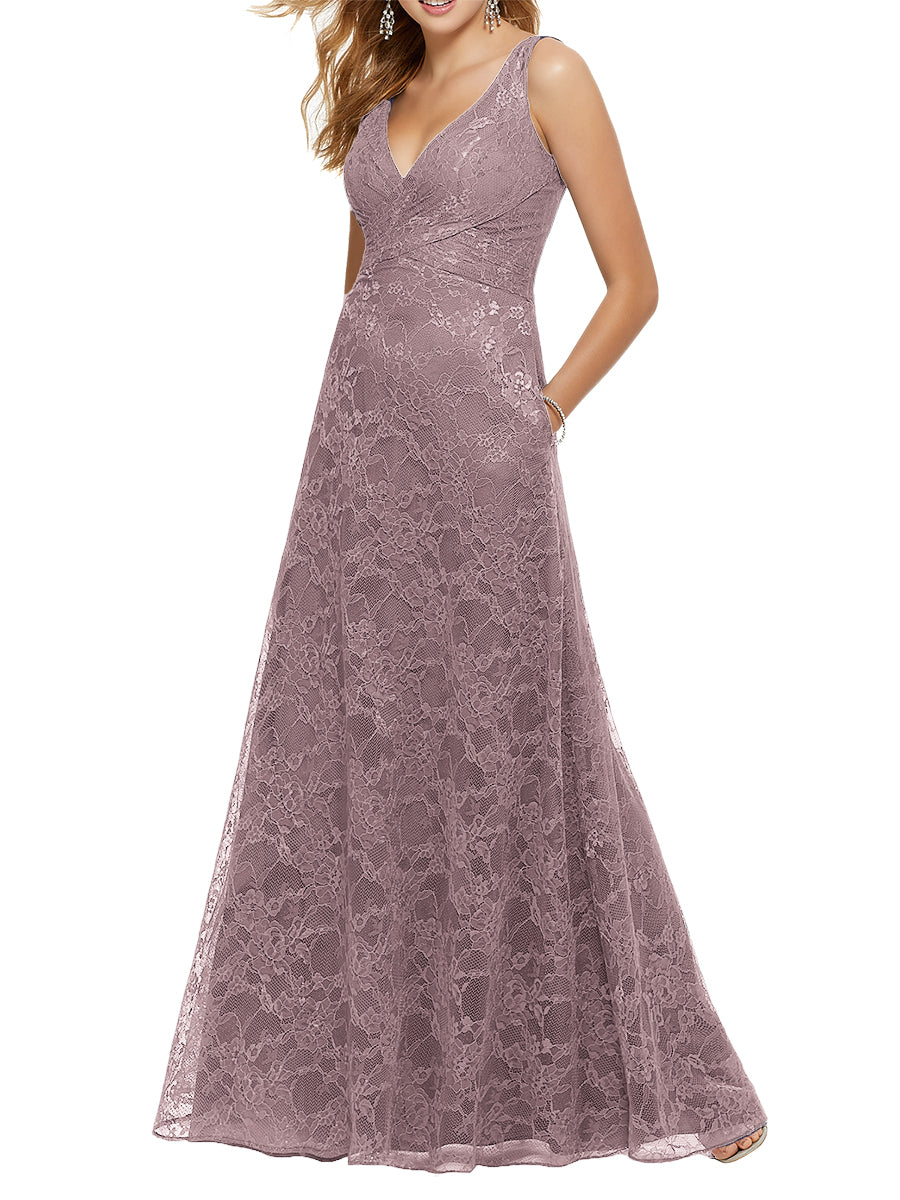 Lace Column V-Neck Sleeveless Bridesmaid Dress-MB53644