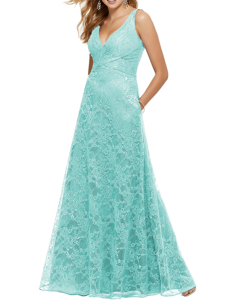 Lace Column V-Neck Sleeveless Bridesmaid Dress-MB53644
