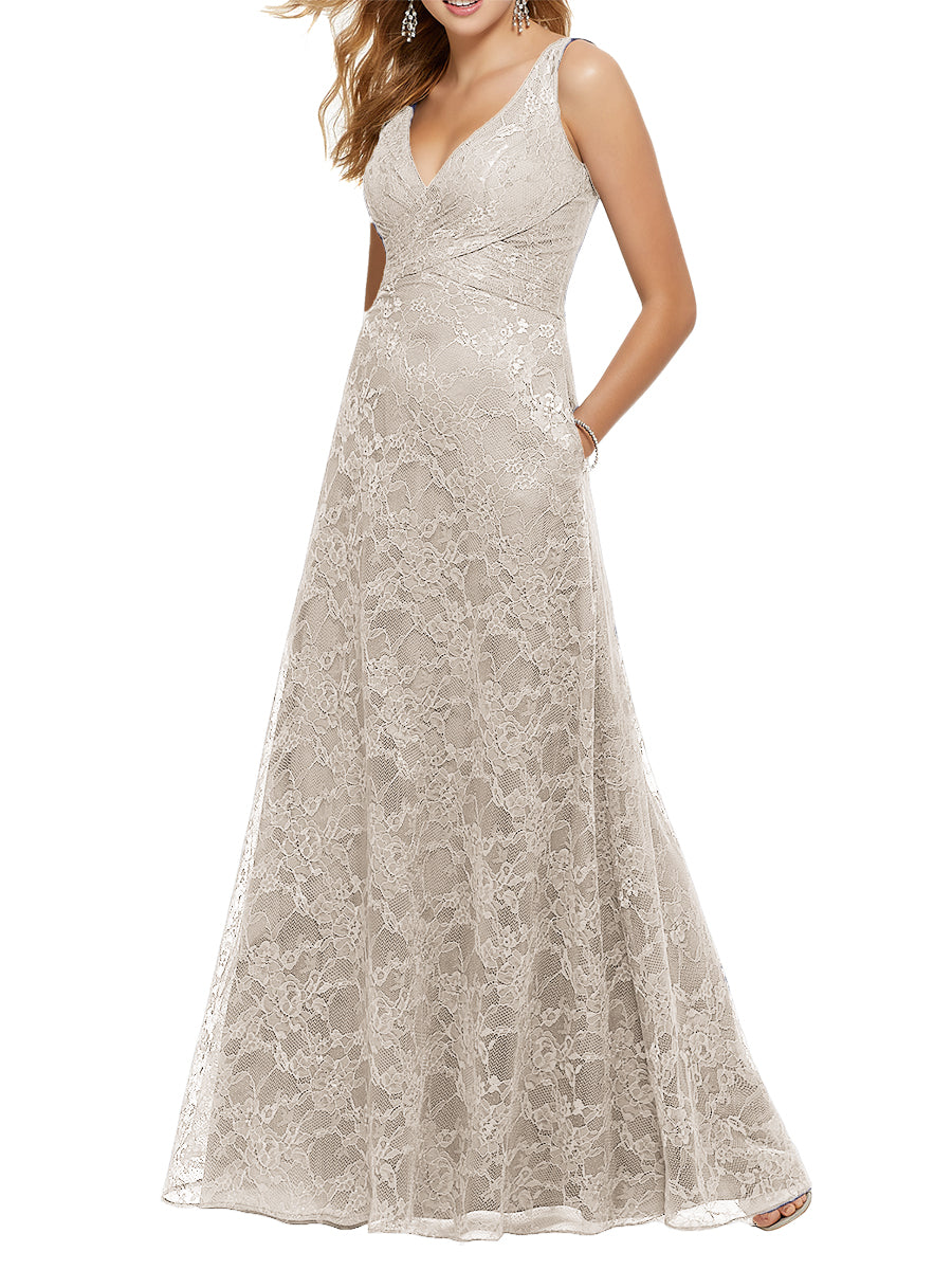Lace Column V-Neck Sleeveless Bridesmaid Dress-MB53644
