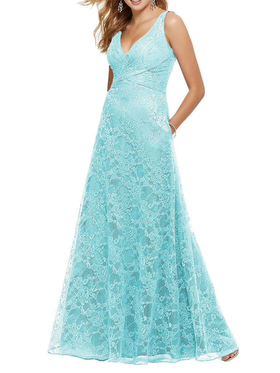 Lace Column V-Neck Sleeveless Bridesmaid Dress-MB53644