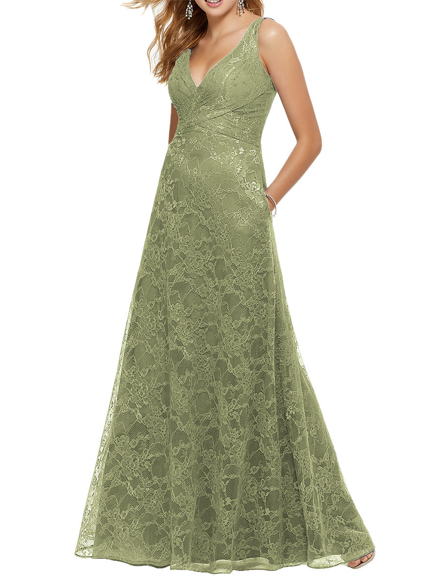 Lace Column V-Neck Sleeveless Bridesmaid Dress-MB53644
