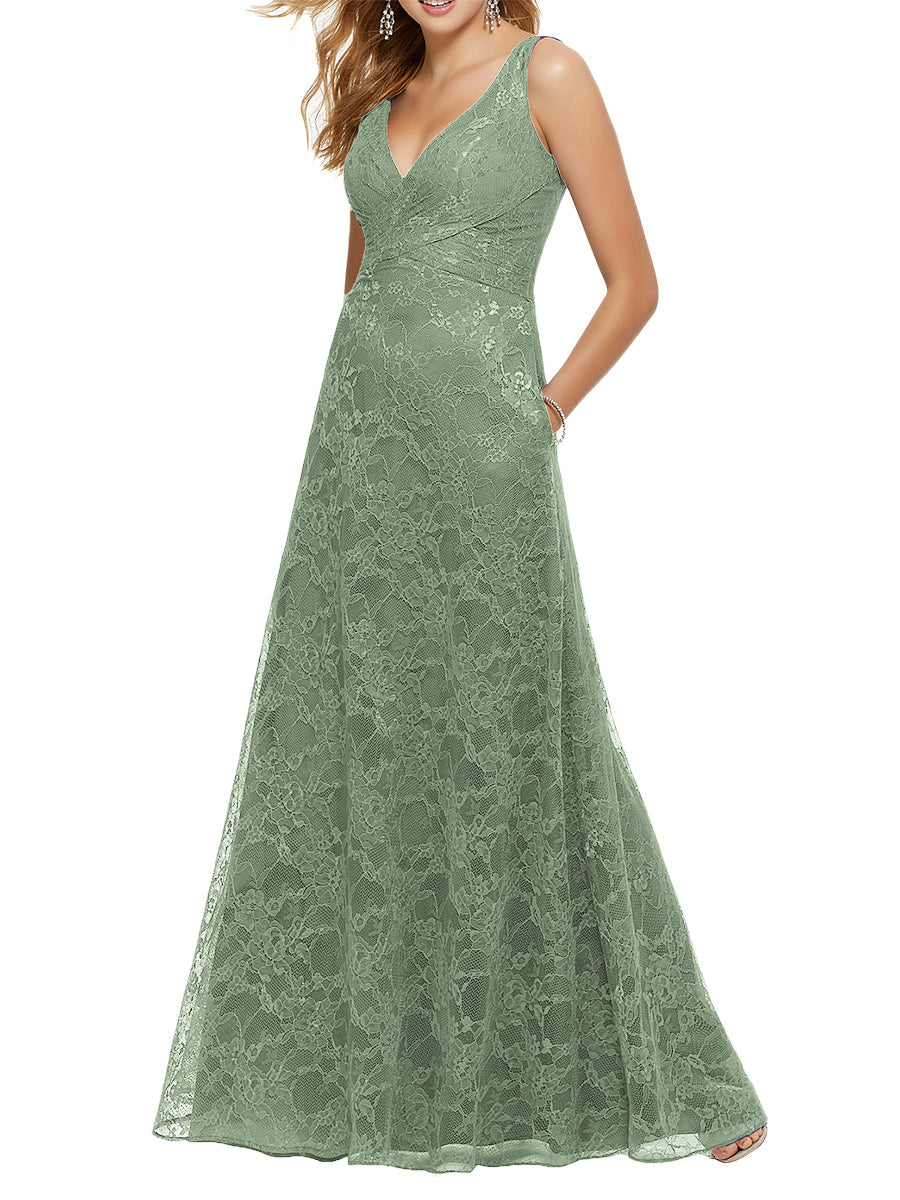 Lace Column V-Neck Sleeveless Bridesmaid Dress-MB53644