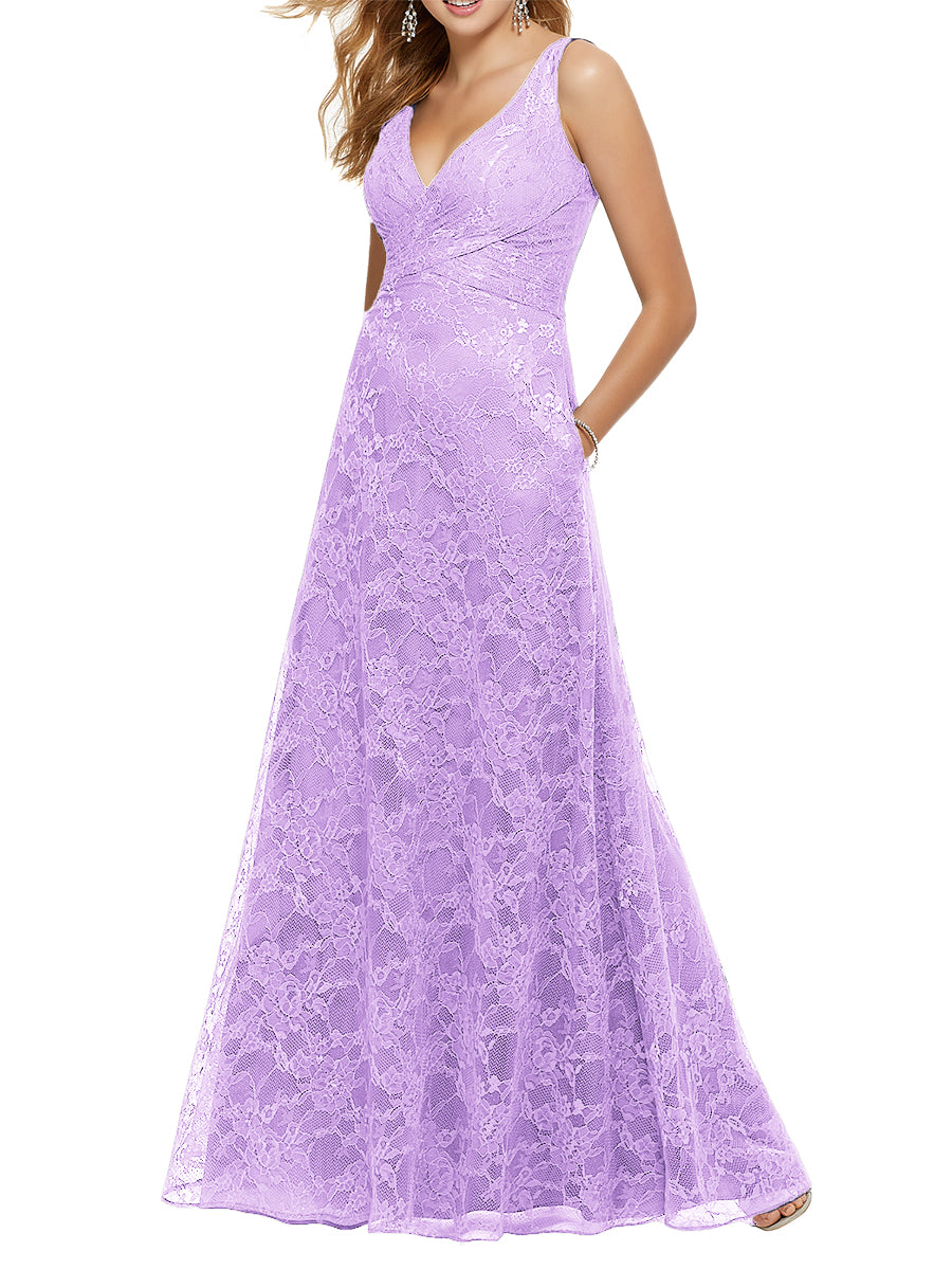 Lace Column V-Neck Sleeveless Bridesmaid Dress-MB53644