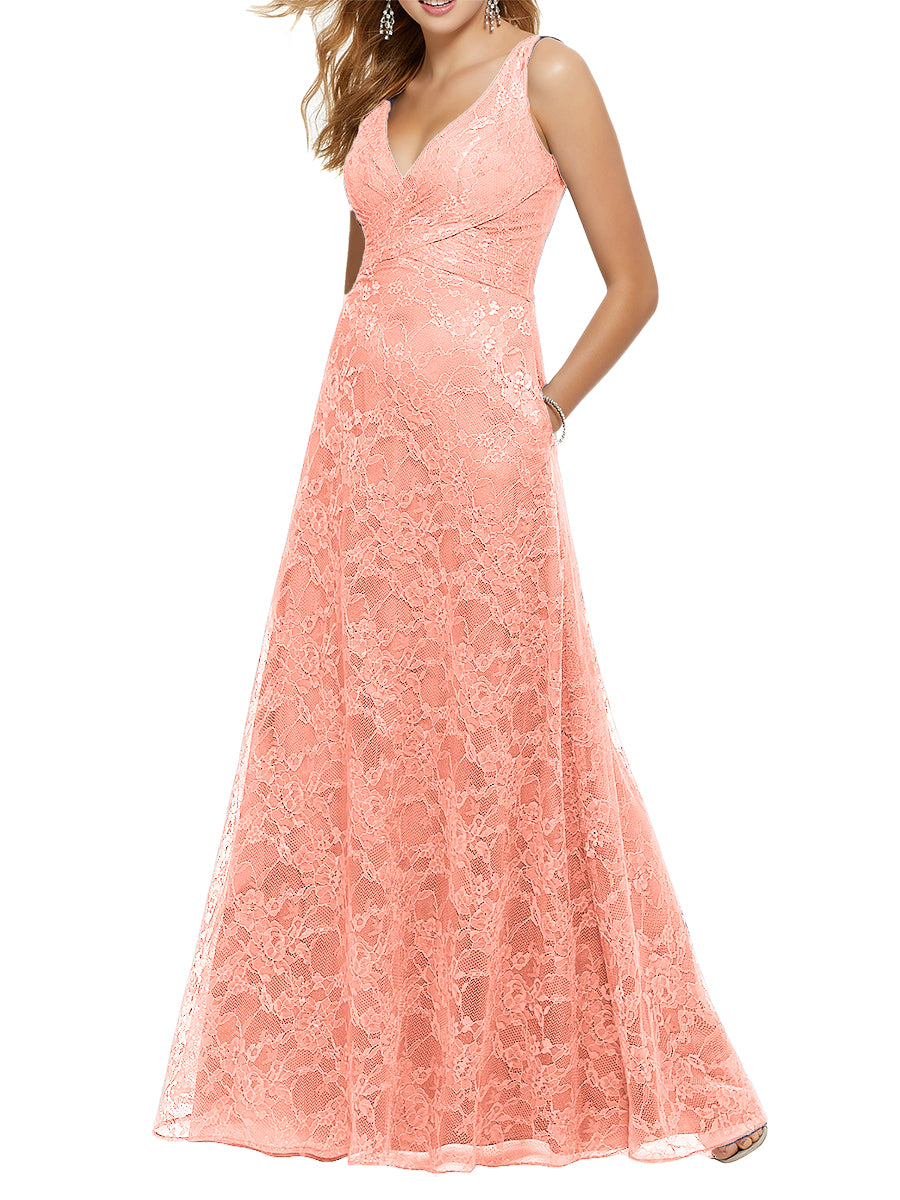 Lace Column V-Neck Sleeveless Bridesmaid Dress-MB53644