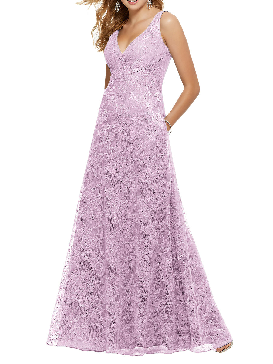 Lace Column V-Neck Sleeveless Bridesmaid Dress-MB53644