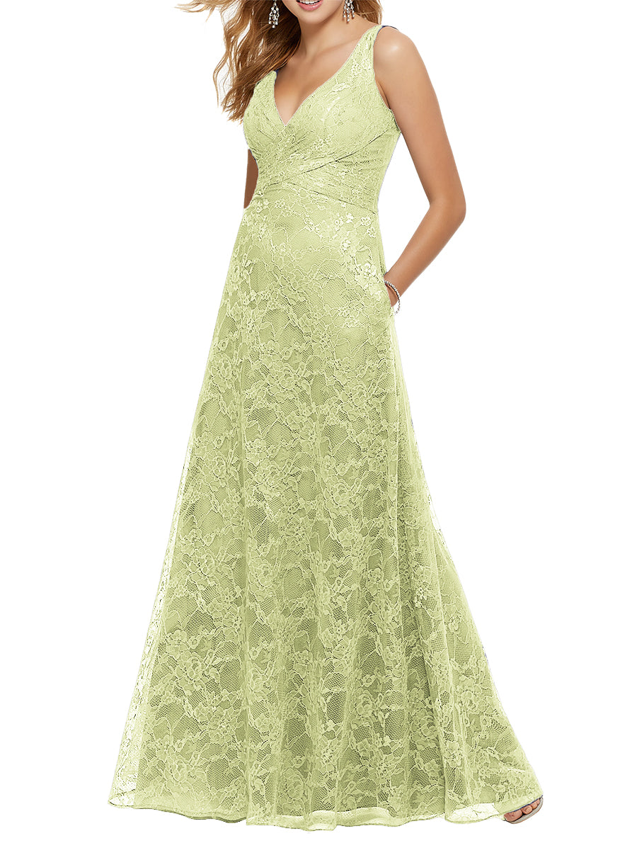 Lace Column V-Neck Sleeveless Bridesmaid Dress-MB53644