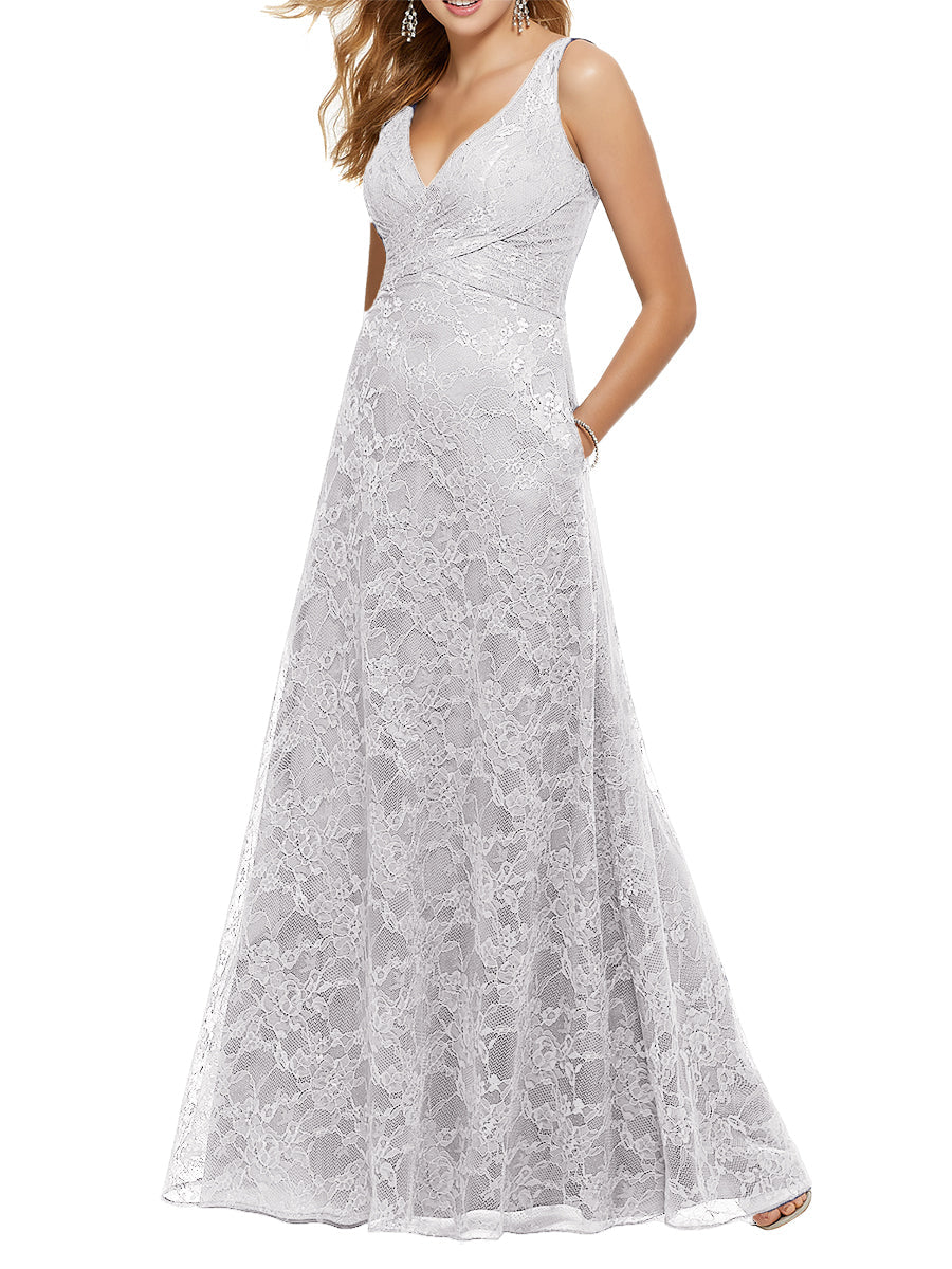 Lace Column V-Neck Sleeveless Bridesmaid Dress-MB53644