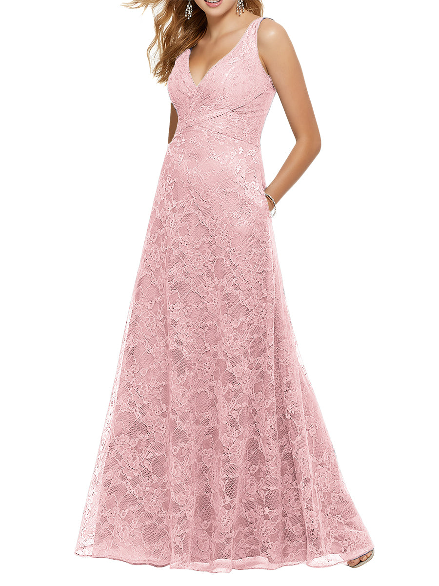 Lace Column V-Neck Sleeveless Bridesmaid Dress-MB53644