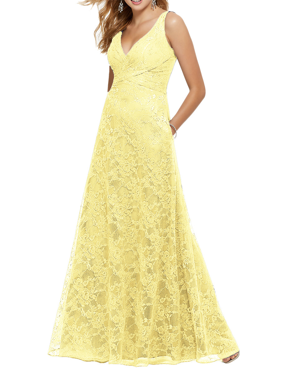 Lace Column V-Neck Sleeveless Bridesmaid Dress-MB53644