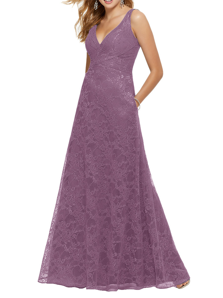 Lace Column V-Neck Sleeveless Bridesmaid Dress-MB53644