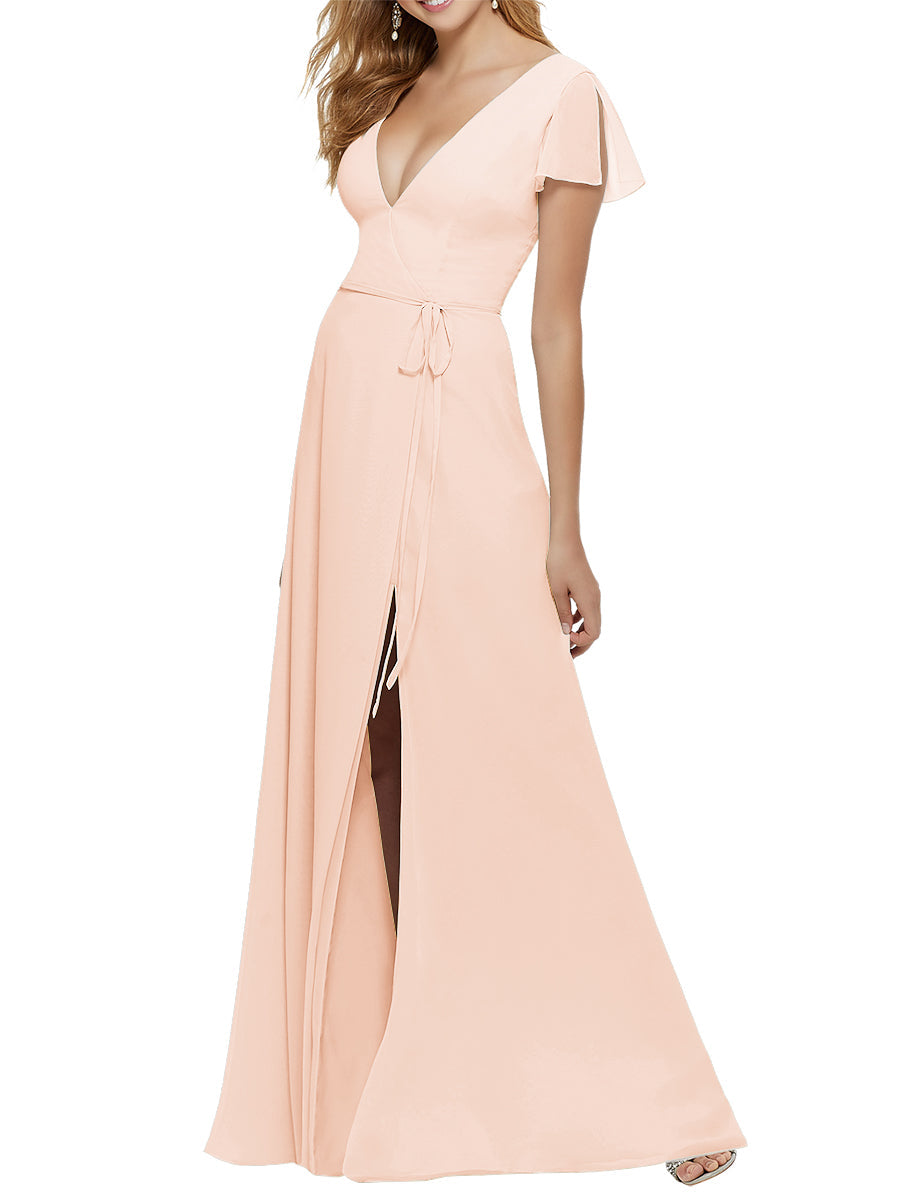 Chiffon Column V-Neck Short Sleeves Bridesmaid Dress-MB53646