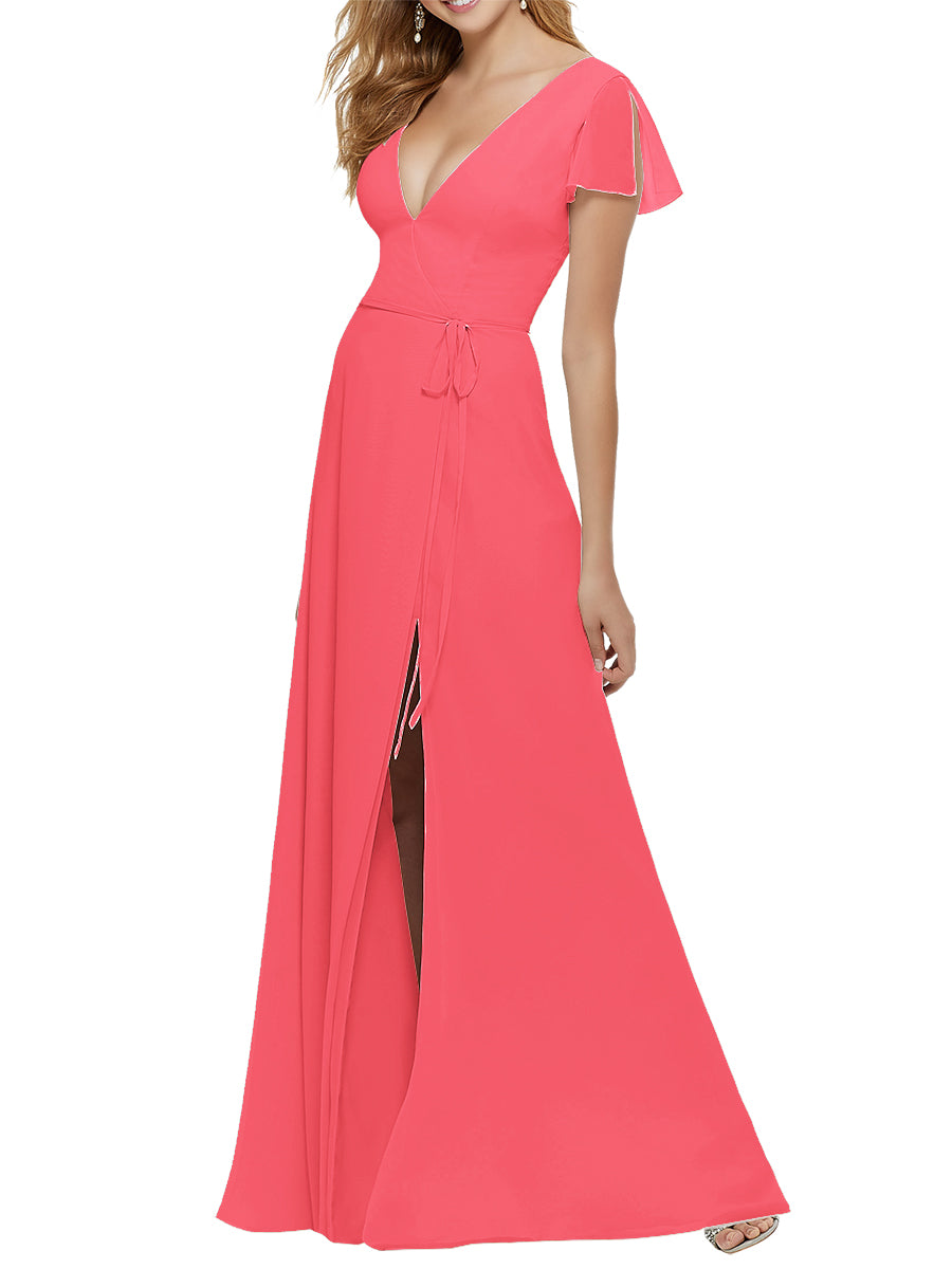 Chiffon Column V-Neck Short Sleeves Bridesmaid Dress-MB53646