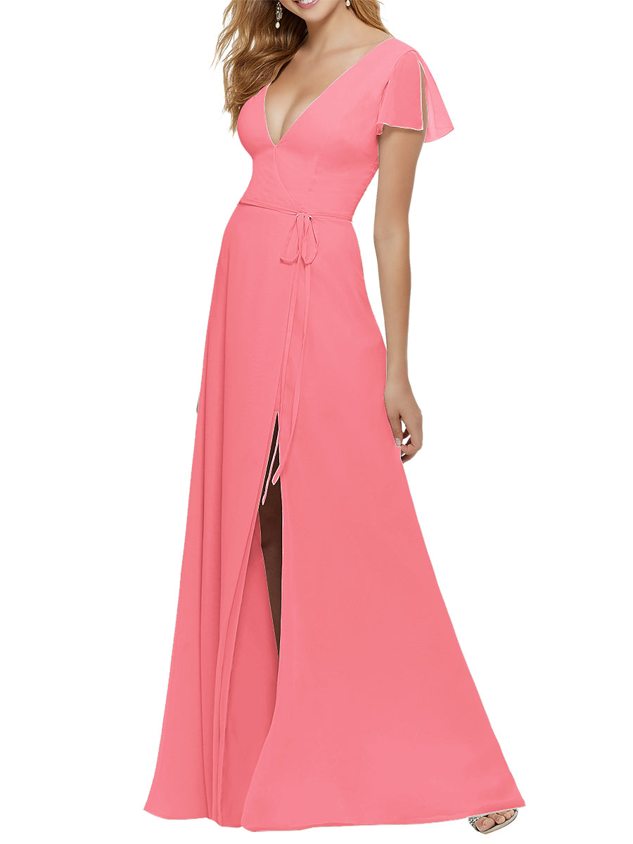 Chiffon Column V-Neck Short Sleeves Bridesmaid Dress-MB53646