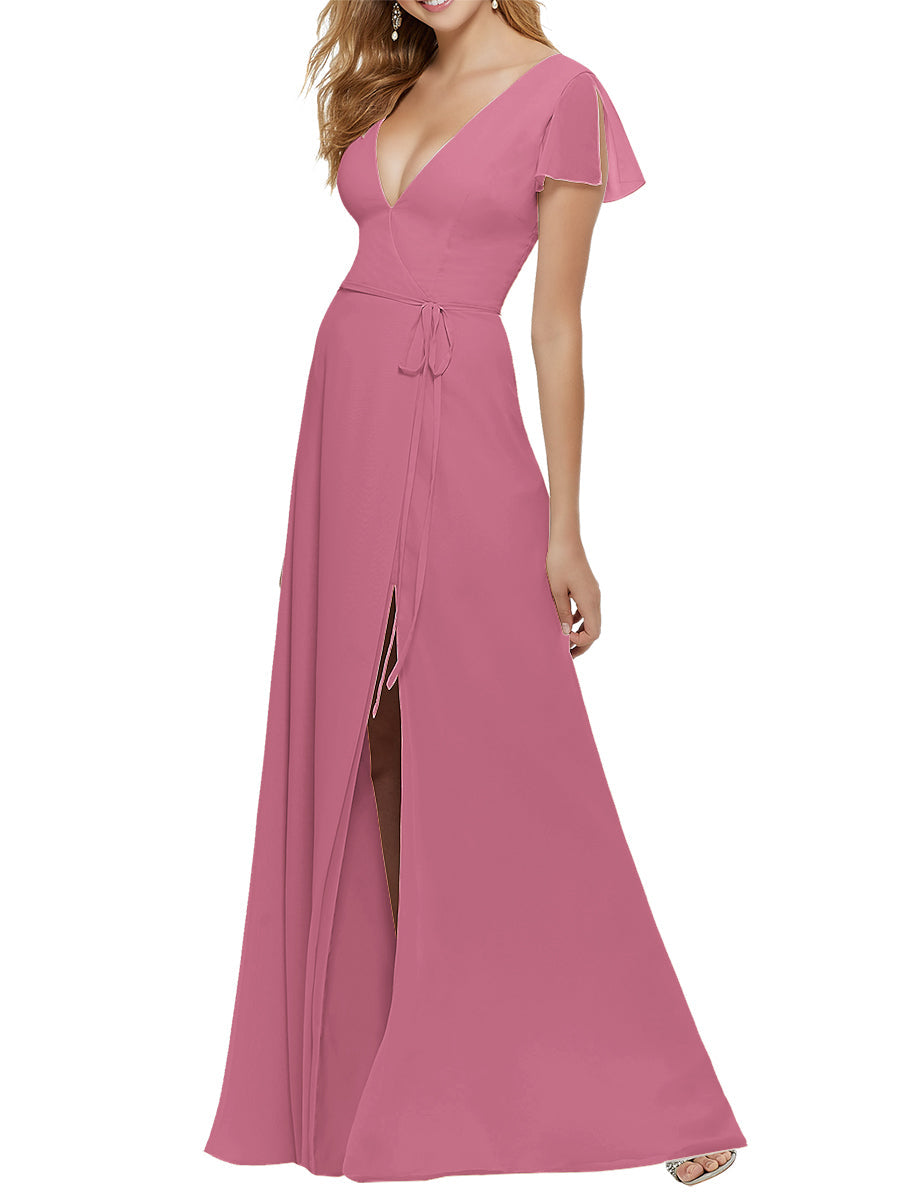 Chiffon Column V-Neck Short Sleeves Bridesmaid Dress-MB53646