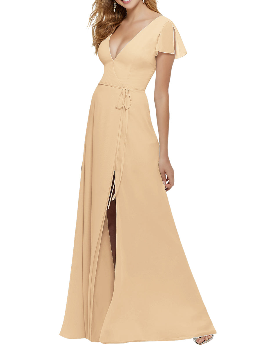 Chiffon Column V-Neck Short Sleeves Bridesmaid Dress-MB53646