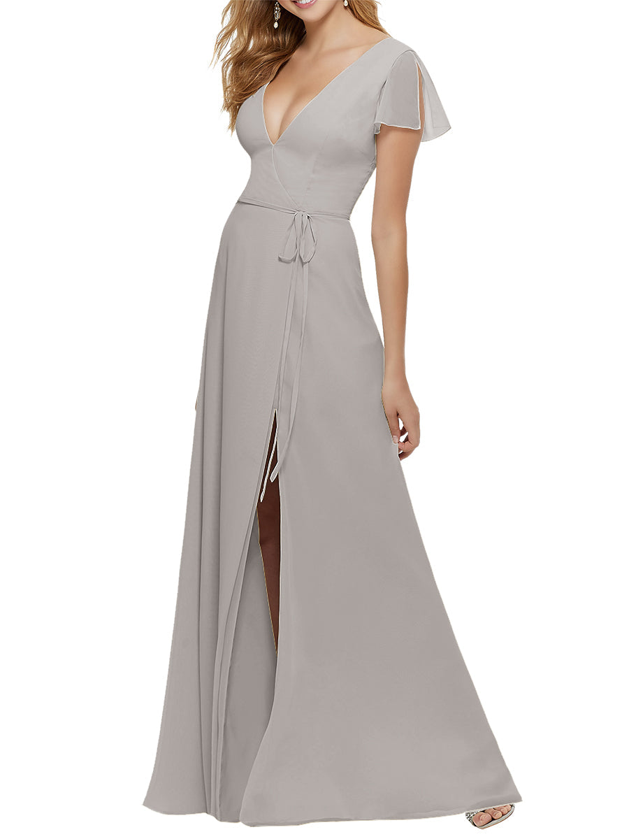 Chiffon Column V-Neck Short Sleeves Bridesmaid Dress-MB53646