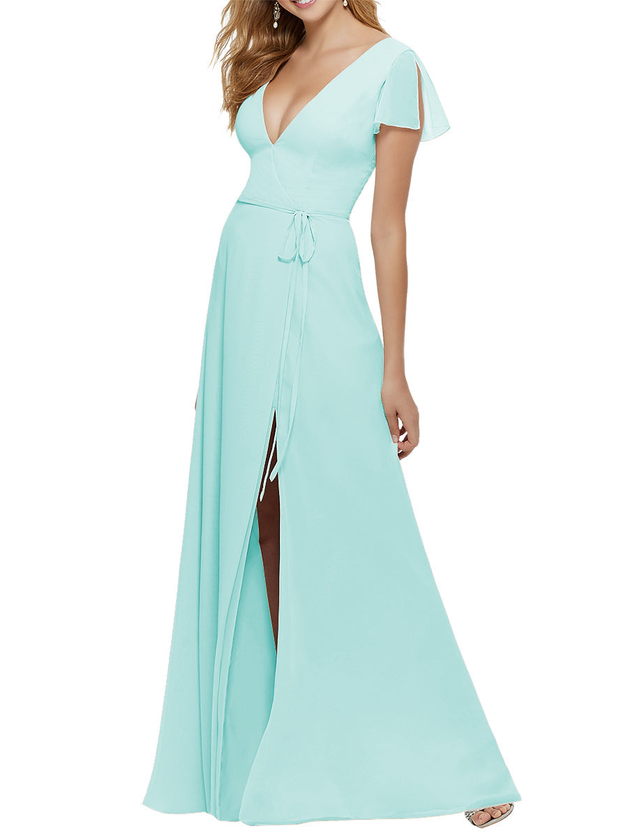 Chiffon Column V-Neck Short Sleeves Bridesmaid Dress-MB53646