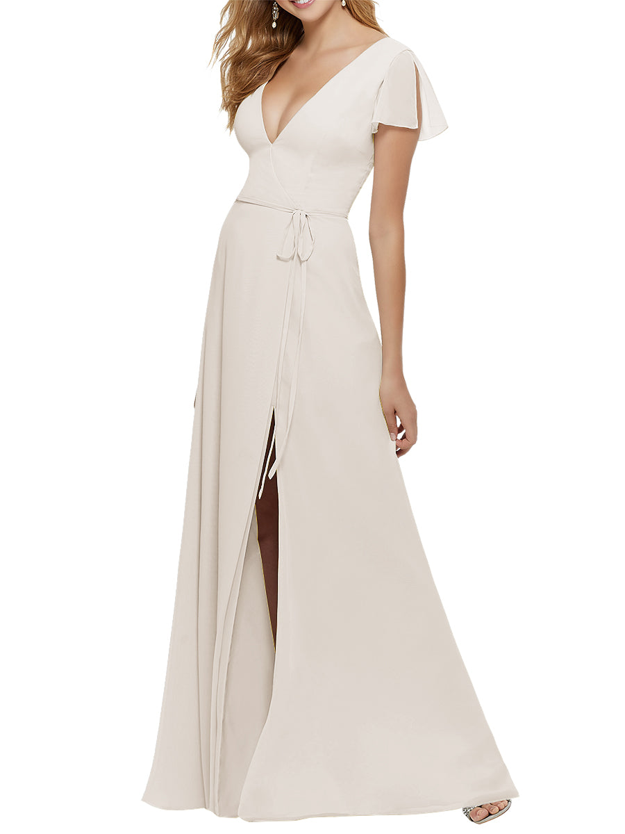 Chiffon Column V-Neck Short Sleeves Bridesmaid Dress-MB53646