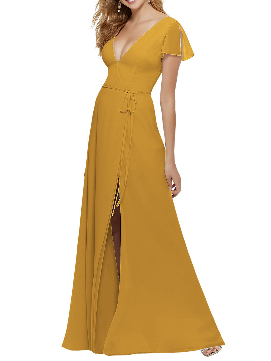 Chiffon Column V-Neck Short Sleeves Bridesmaid Dress-MB53646