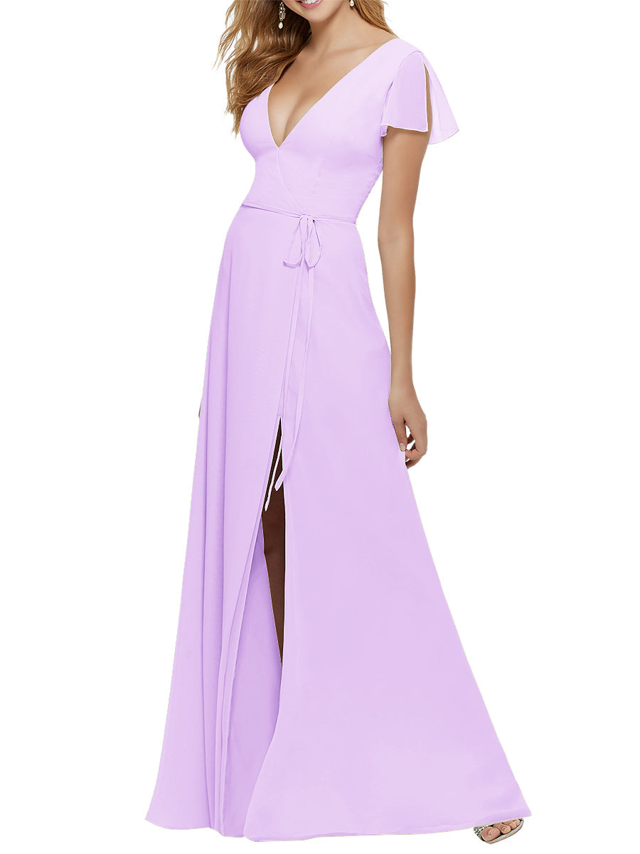 Chiffon Column V-Neck Short Sleeves Bridesmaid Dress-MB53646