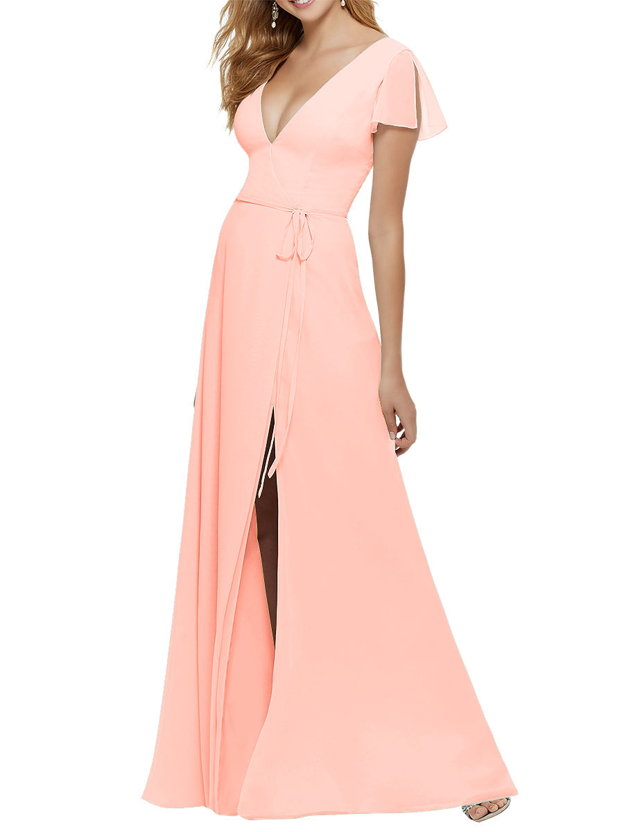 Chiffon Column V-Neck Short Sleeves Bridesmaid Dress-MB53646