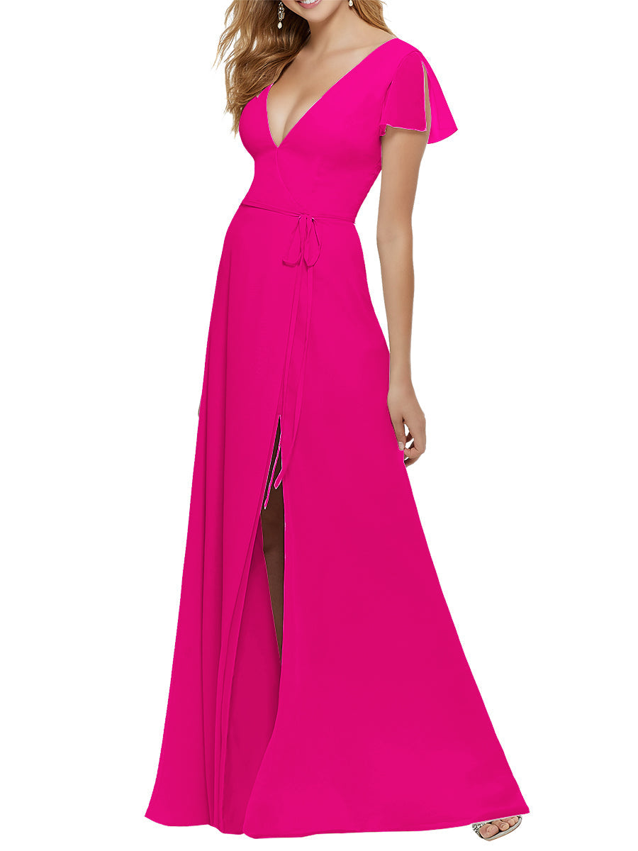 Chiffon Column V-Neck Short Sleeves Bridesmaid Dress-MB53646