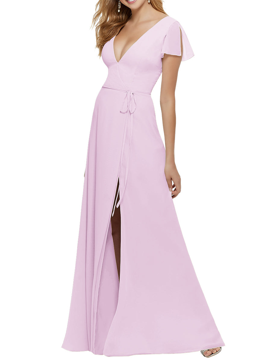 Chiffon Column V-Neck Short Sleeves Bridesmaid Dress-MB53646