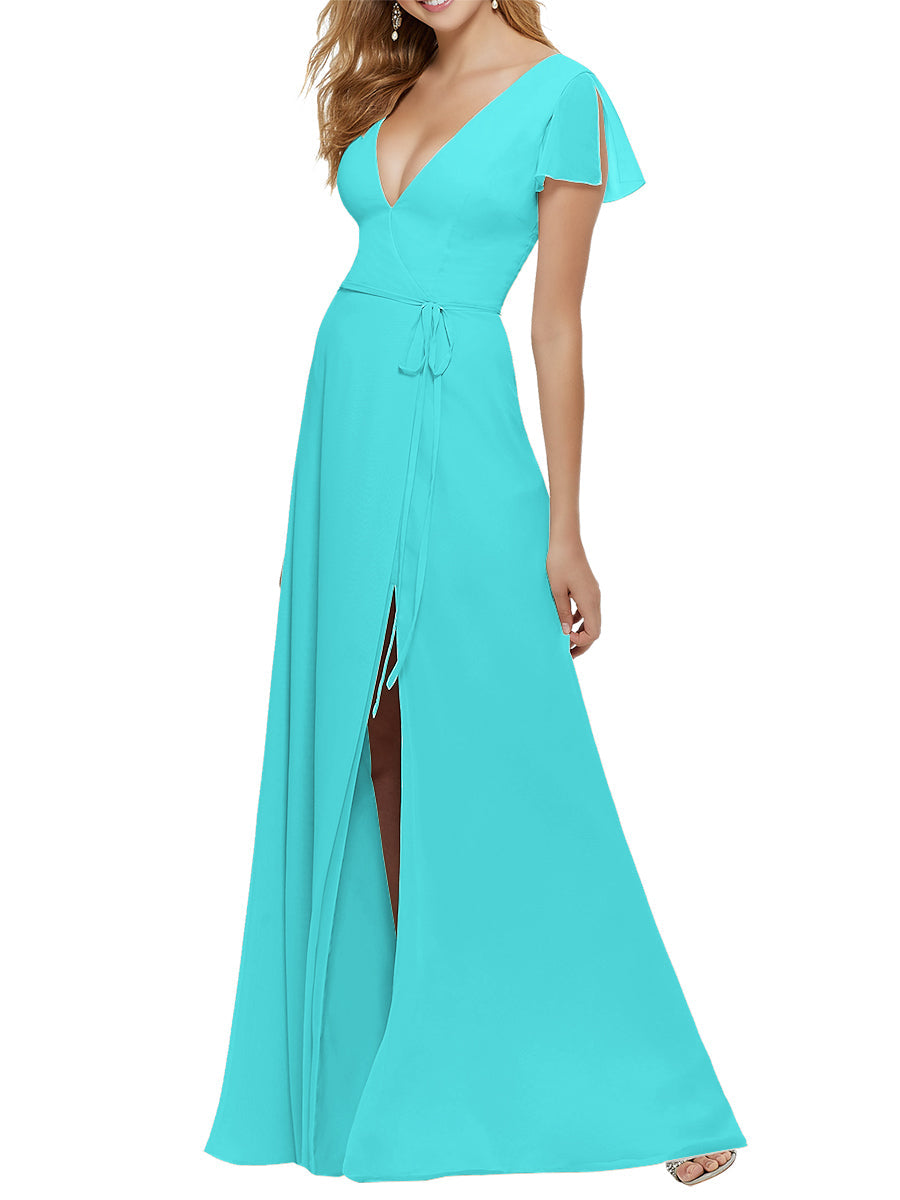 Chiffon Column V-Neck Short Sleeves Bridesmaid Dress-MB53646