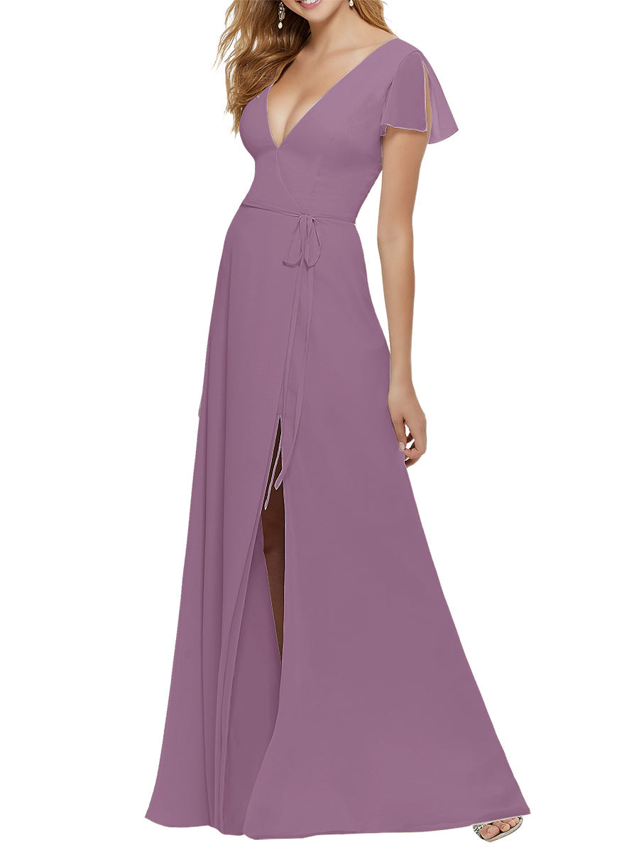 Chiffon Column V-Neck Short Sleeves Bridesmaid Dress-MB53646