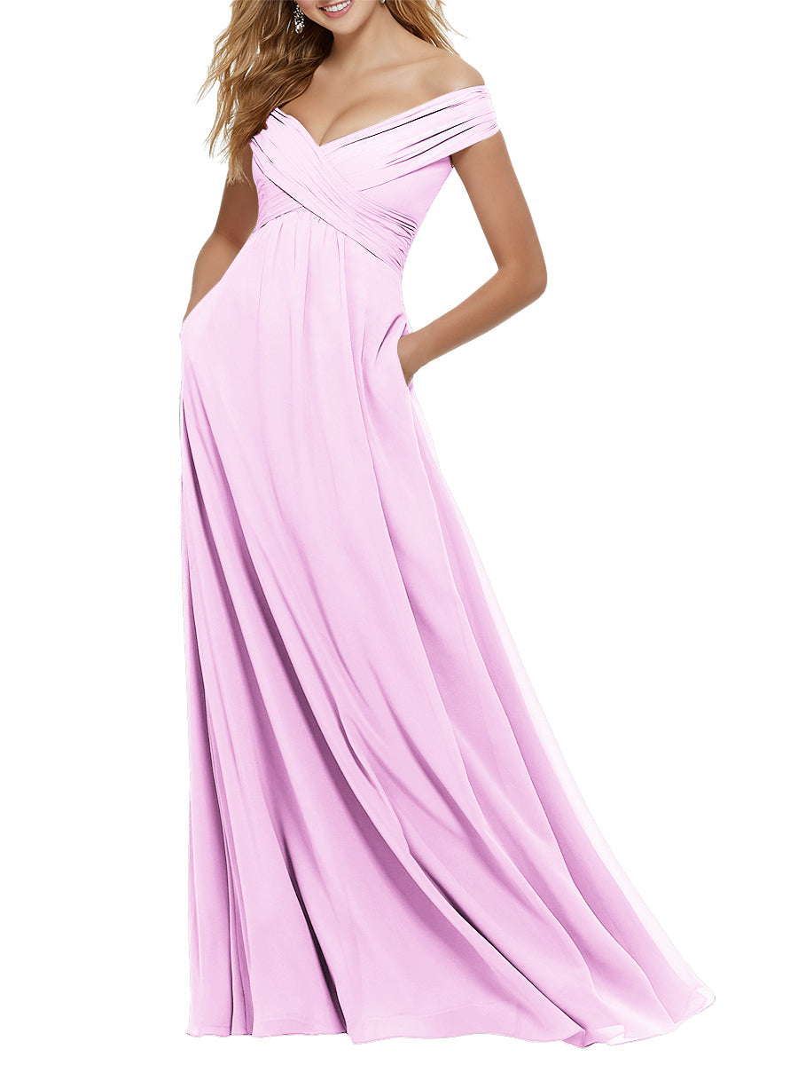 Chiffon Column Off the Shoulder Cap Sleeves Bridesmaid Dress-MB53650