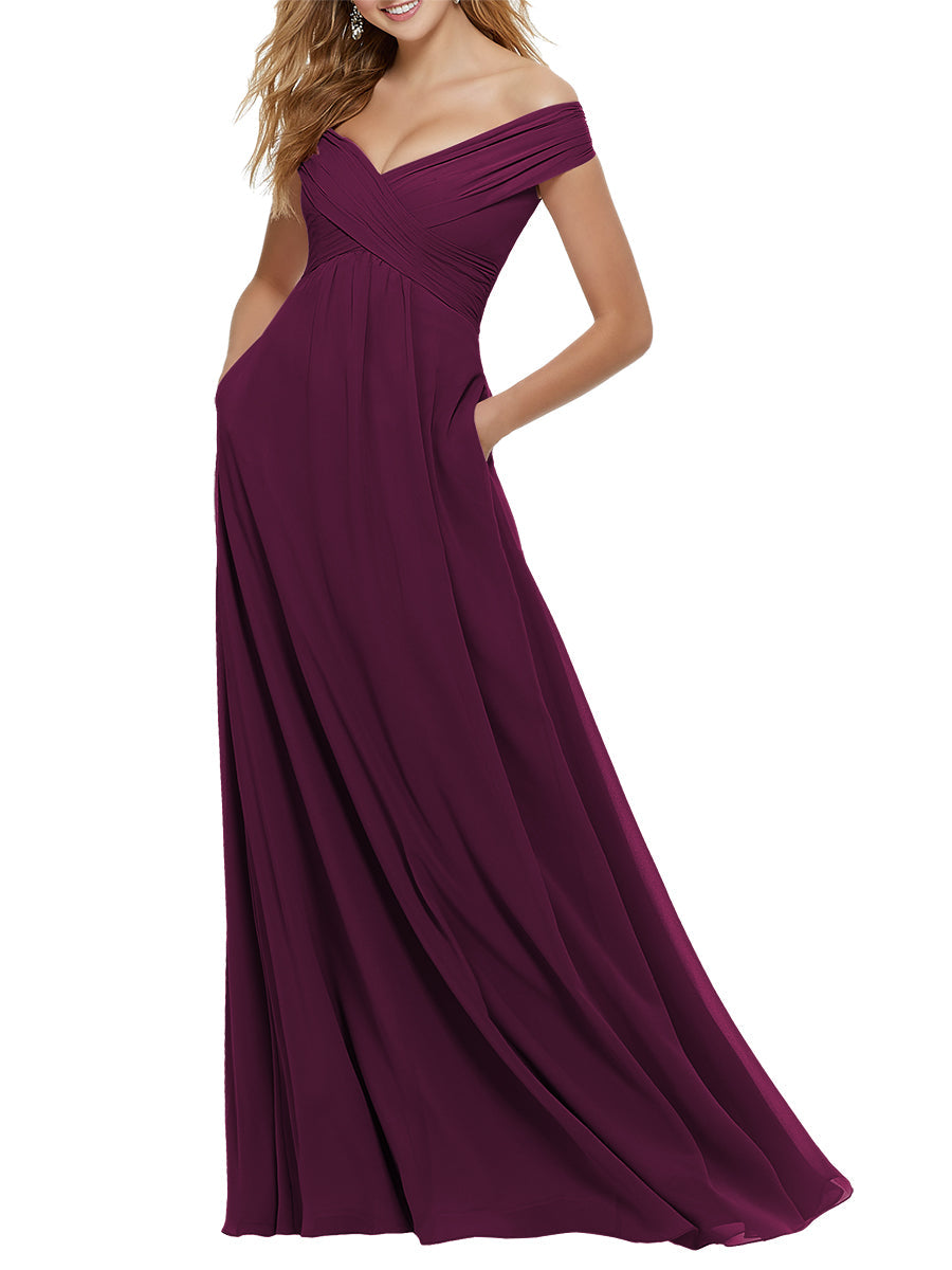 Chiffon Column Off the Shoulder Cap Sleeves Bridesmaid Dress-MB53650