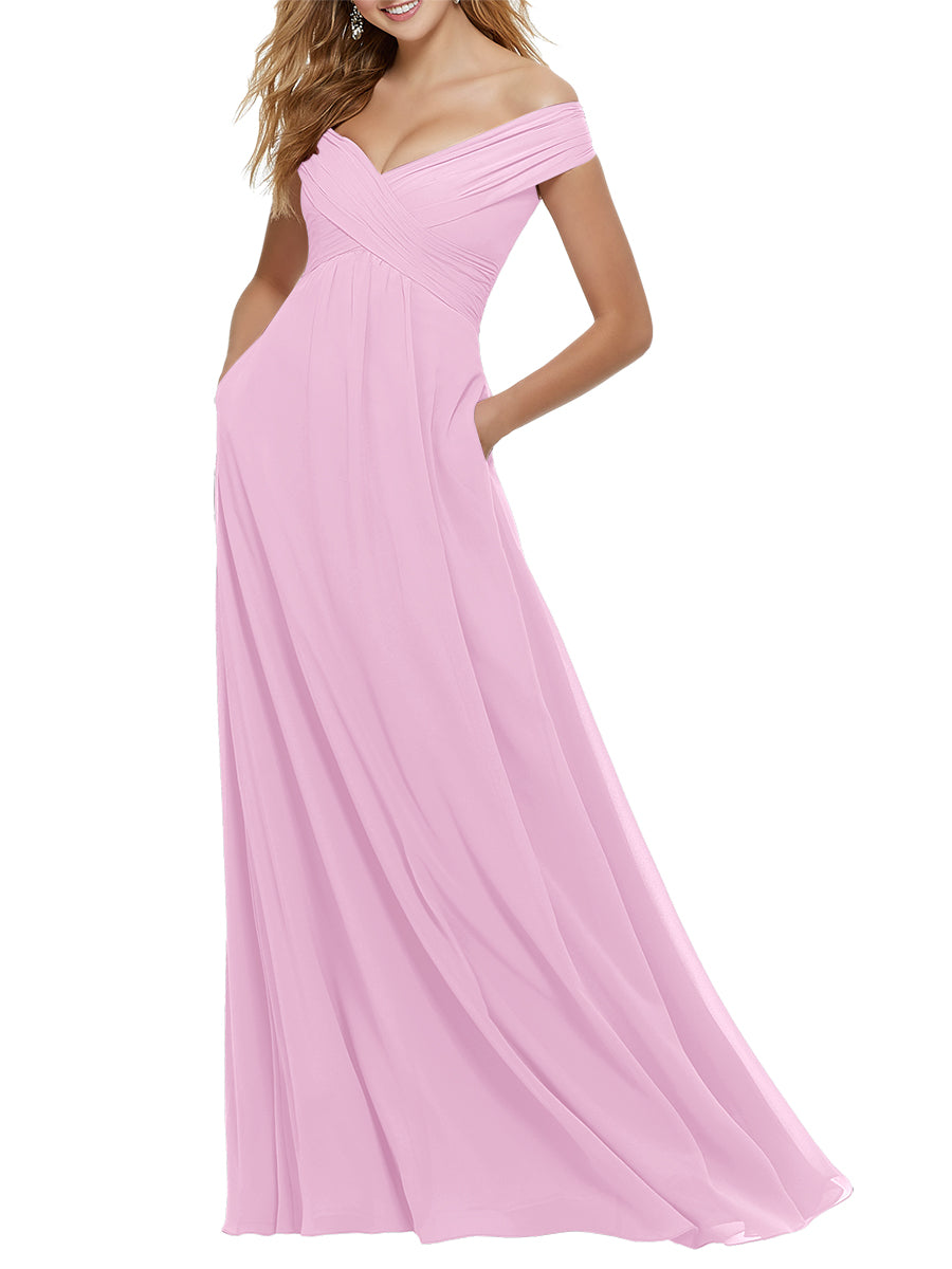 Chiffon Column Off the Shoulder Cap Sleeves Bridesmaid Dress-MB53650