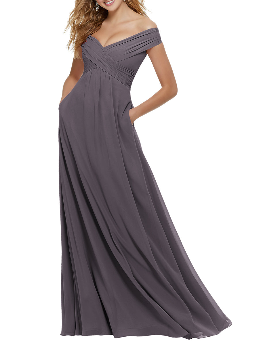 Chiffon Column Off the Shoulder Cap Sleeves Bridesmaid Dress-MB53650