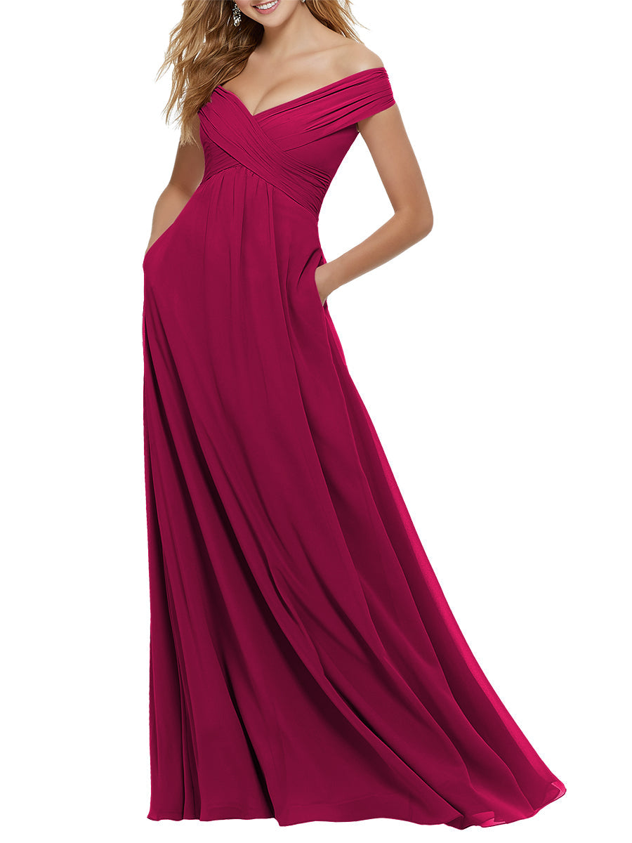 Chiffon Column Off the Shoulder Cap Sleeves Bridesmaid Dress-MB53650