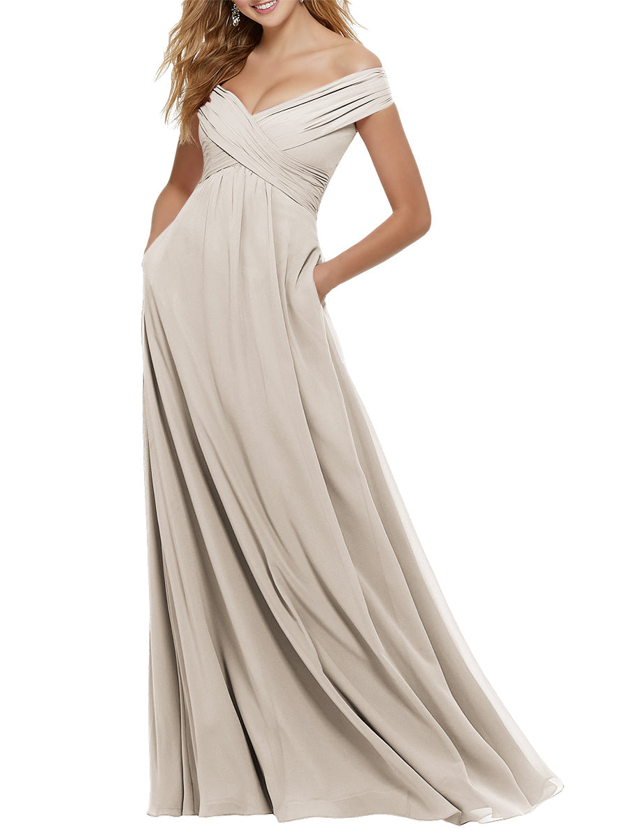 Chiffon Column Off the Shoulder Cap Sleeves Bridesmaid Dress-MB53650