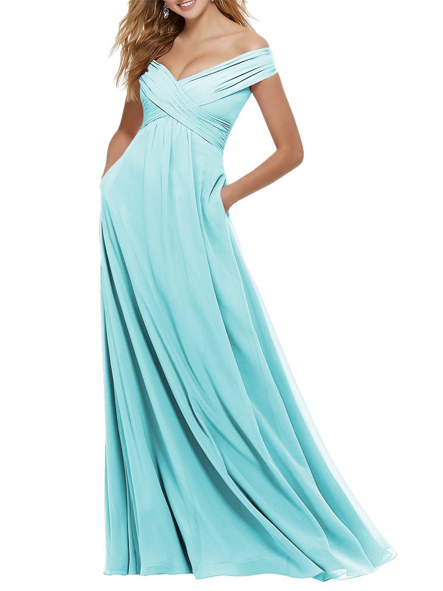 Chiffon Column Off the Shoulder Cap Sleeves Bridesmaid Dress-MB53650