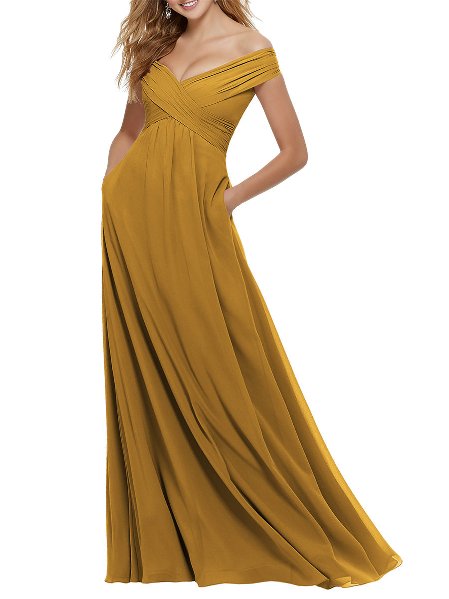 Chiffon Column Off the Shoulder Cap Sleeves Bridesmaid Dress-MB53650