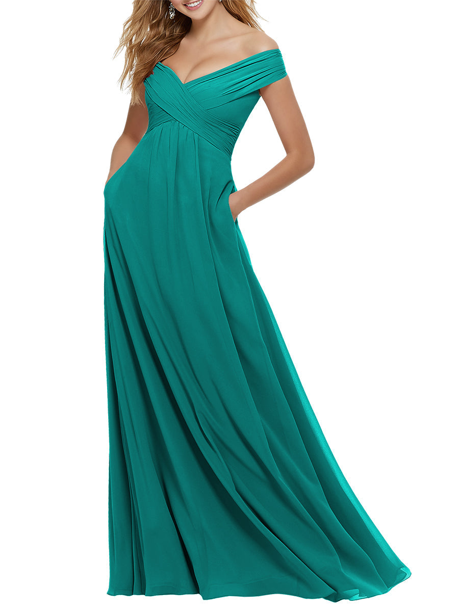 Chiffon Column Off the Shoulder Cap Sleeves Bridesmaid Dress-MB53650