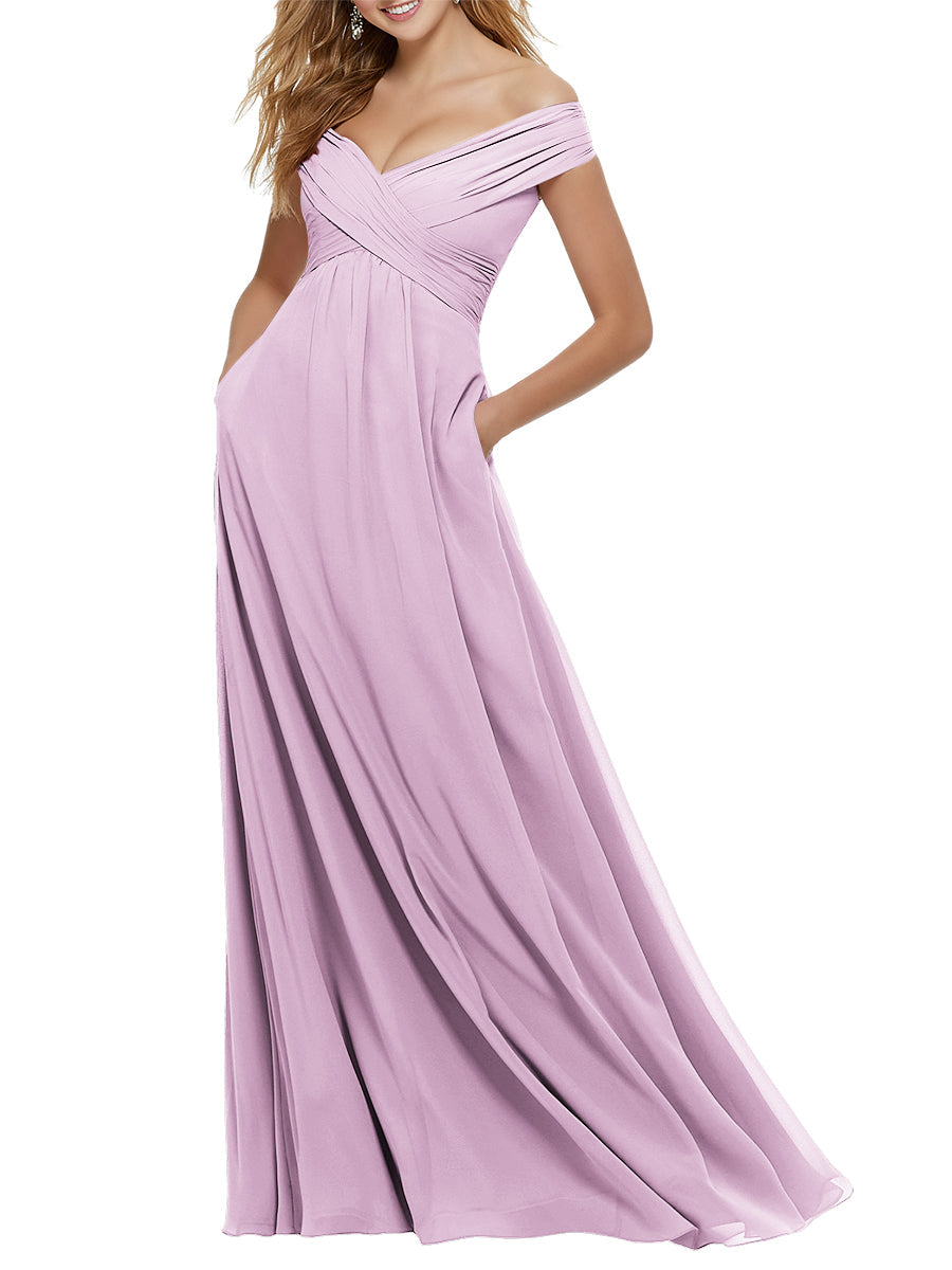 Chiffon Column Off the Shoulder Cap Sleeves Bridesmaid Dress-MB53650